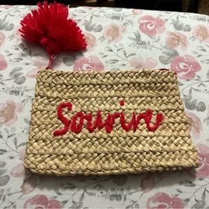 Tan and Red Woven Clutch with Textured Design